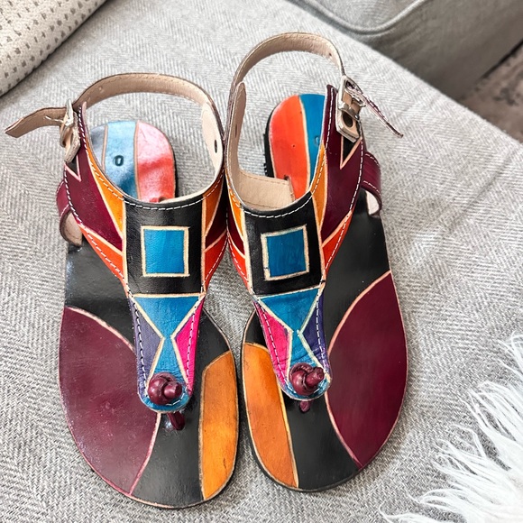 Genuine Tooled Leather Multicolor  Geometric Women's Sandals - Picture 3 of 9